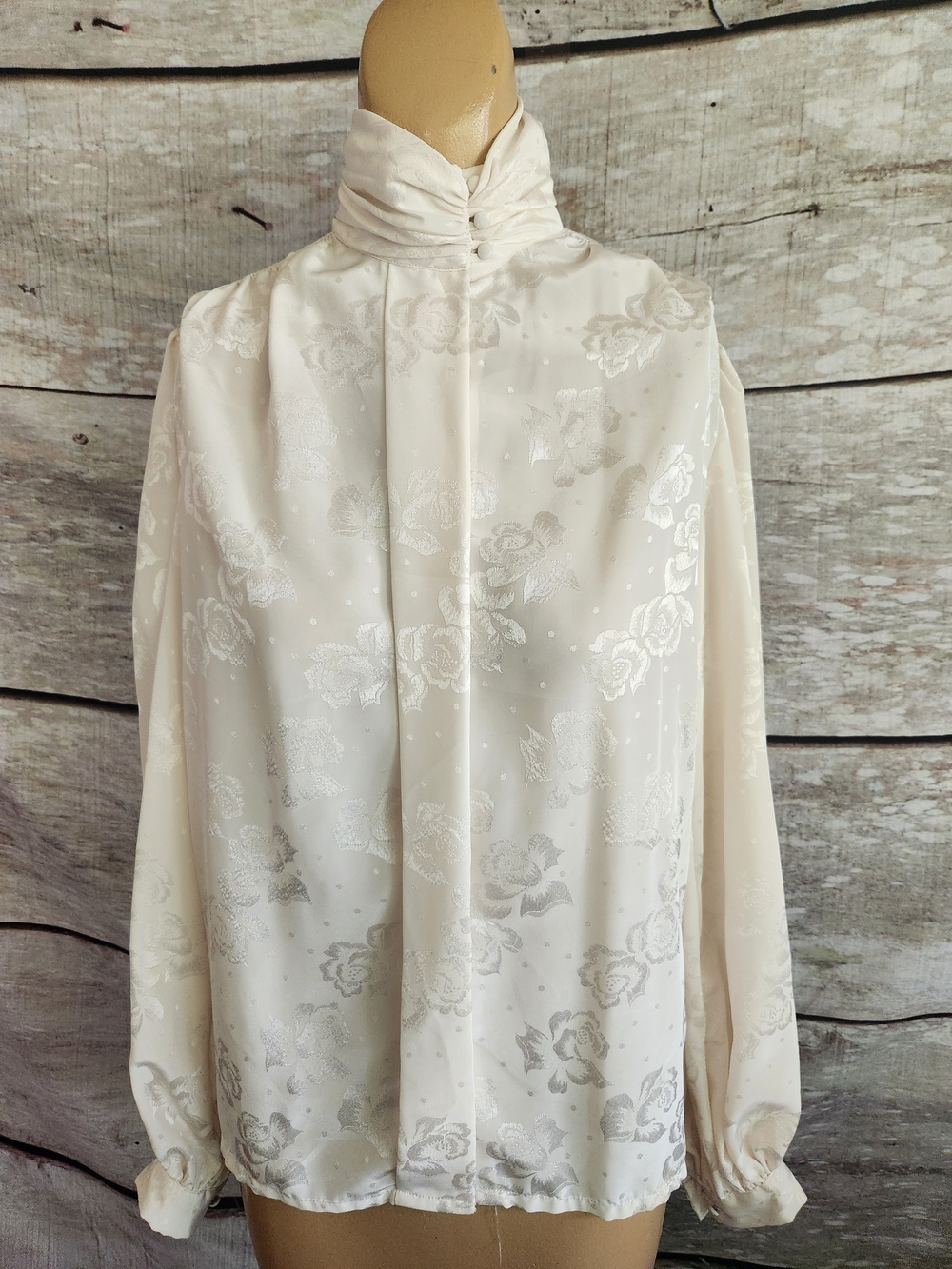 Vintage Ivory Floral Jacquard High-Neck Blouse